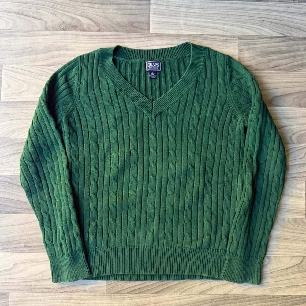 Chaps Classics Green Cable Knit V-Neck Sweater